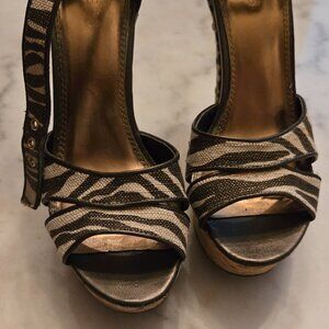 Black and Tan Zebra Print Ankle Strap Wedge Heels